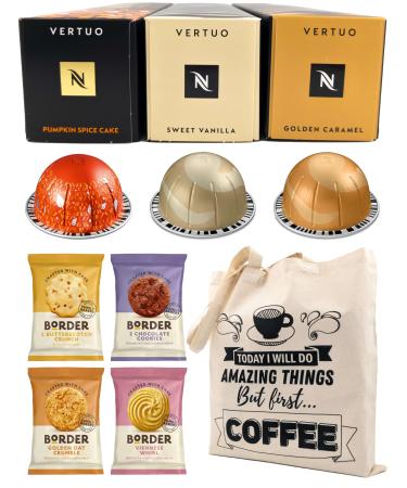 Nespresso Vertuo Coffee Capsules - Pumpkin Spice Cake Sweet Vanilla Golden Caramel - 3 Boxes (30 Pods) Bundled with Border Biscuits Selection & Giftable Tote Bag
