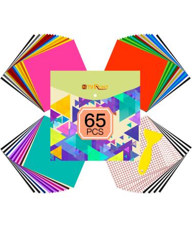 HTVRONT Vinyl for Cricut - 65 Pack Permanent Adhesive Vinyl Sheets Set - 55 Vinyl Sheets 12 x 12 & 10 Transfer Tape Sheets 35 Color for Party Decoration Sticker Craft Cutter Car Decal Multicolored