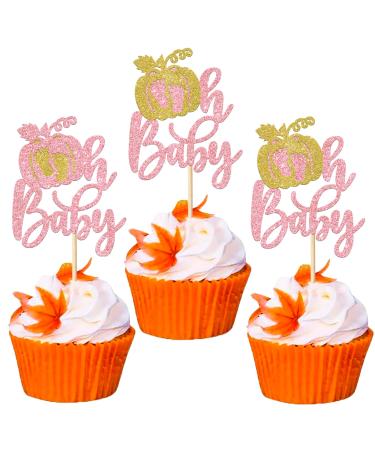 24 Pack Pumpkin Oh Baby Cupcake Toppers Glitter Fall Theme Baby Feet Cupcake Picks for Fall Harvest Theme Baby Shower Kids Birthday Party Cake Decorations Pink 11-pink