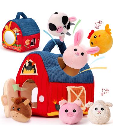 Baby toys 6-12 months - filled farm animals with barn rattle mirror - employed farm animal sorting montessori toys for babies sensory toys for toddlers 1-3