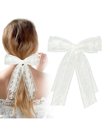 Lace Hair Bows White Hair Bows for Girls Long Tail Ribbons French Bow Clips for 90's Accessories Valentine's Day Women's Daily Wedding and Party Wear