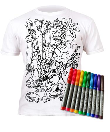 Splat Planet Color in Zoo T-Shirt with 10 Non-Toxic Washable Magic Pens - Color in and Wash Out and Color in Again T-Shirt White 7-8 Years