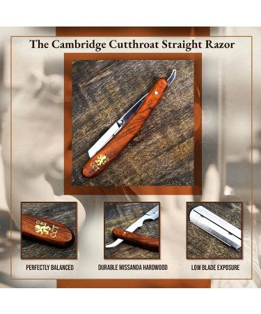 Cambridge Cutthroat Straight Edge Razor Kit with 10 Blades - Professional Barber Razor for Men with Missanda Hardwood Handle and Stainless Steel Blade - Perfect for Shaving, Trimming, and Styling - Includes Leather Travel Pouch - Buy Online on SooperMarket.com