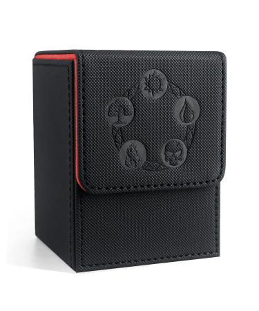 ZLCA Card Deck Box for MTG Card Storage Box Fits 100+ Single Sleeved Cards PU Leather Strong Magnet Card Deck Case for Magic Commander TCG Cards (Black& Red)