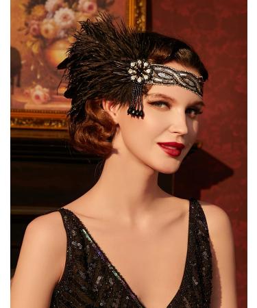 BABEYOND 1920s Vintage Headband Roaring 20s Flapper Headpiece with Feather 1920s Great Gatsby Costume Accesories (Black-2) - Buy Online on SooperMarket.com