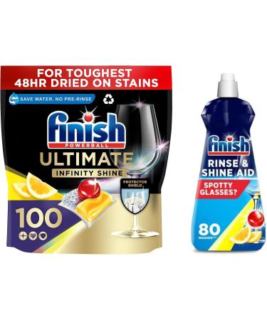 Finish Ultimate Infinity Shine Dishwasher Tablets Bulk Scent : Lemon Size : 100 Dishwasher tabs + Finish Dishwasher Cleaner Rinse Aid | Scent : Lemon | Size : 400ml
