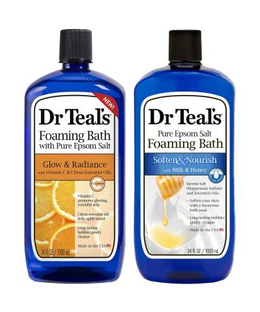 Dr Teal's Foaming Bath Variety Gift Set (2 Pack 34oz Ea) - Soften & Nourish Milk & Honey Glow & Radiance Vitamin C & Citrus - Essential Oils Blended with Pure Epsom Salt Ease Aches & Relieves Stress
