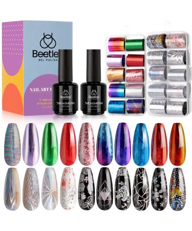 Beetles Nail Foil Glue Kit, 15ML 2 Bottles Tranfer Glue Gel with 20PCS Metal Holographic Flower Stickers Set Nail Foil Transfer Gel Set Manicure Art DIY Nail, LED Lamp Required Soak Off A-Metal