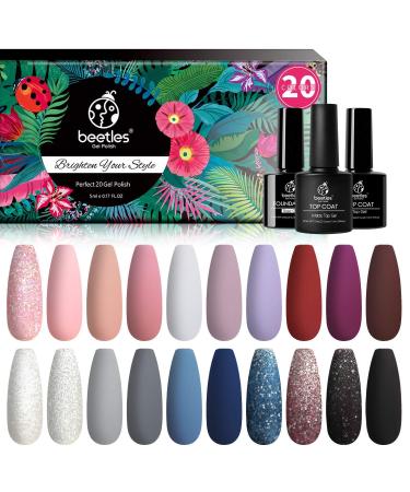 Beetles 20 Pcs Gel Nail Polish Kit, Modern Muse Collection Soak off Nail Lamp Nude Gray Pink Blue Glitter Gel Polish Starter Kit with Glossy & Matte Top Gel Base Coat Halloween Nails Gifts for Women A-Modern Muse