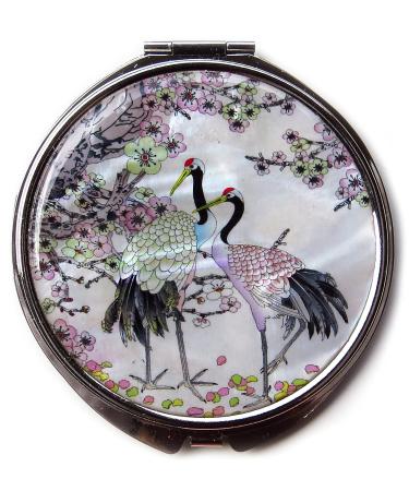 Mother of Pearl Compact Mirror - Double Sided Folding Magnify, Crane Apricot Tree Design - Buy Online on SooperMarket.com