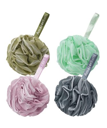 AmazerBath Shower Bath Sponge Shower Loofahs Balls 60g/PCS for Body Wash Bathroom Men Women- Set of 4 White Grey-Pink-Army Green-Green Sponges