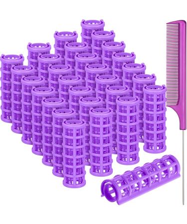 28 Pieces Hair Roller, 0.6 Inch/ 1.5 cm Small Size Plastic Hair Rollers Hair Curlers with Steel Pintail Comb Rat Tail Comb for Short Hair Long Hair Hairdressing Styling Tools (Purple)