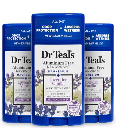 Dr Teal's Aluminum Free Deodorant Lavender Vanilla with Essential Oils 2.65 oz (Pack of 3)