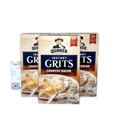 Country Bacon Instant Quaker Instant Grits 3- 9.8 Oz (280g) Box of 10 Packets (Total 30 Packets) Bundled with a JFS Recipe Card