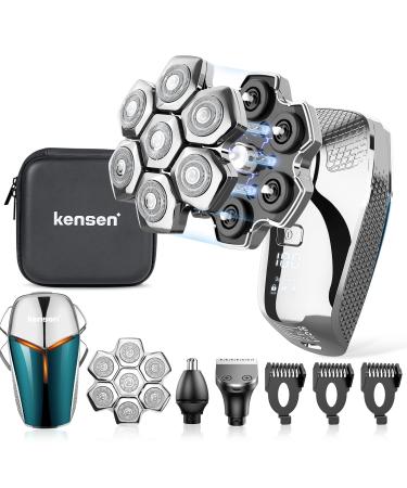 Head Shaver kensen Upgrade Head Shavers for Bald Men Electric Rotary Head Shaver with Beard Nose Hair Trimmer Wet/Dry Waterproof Rechargeable Mens Grooming Kit LED Display Gift Travel Case Silver