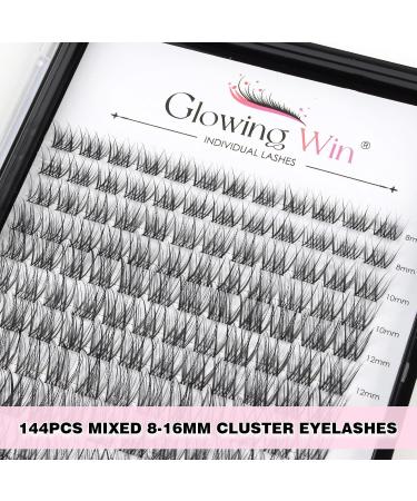 Glowing Win Individual Eyelash Extensions Set - DIY Cluster Lashes Kit with 144 PCS Lash Bond & Seal Tweezers | 8-16mm Natural False Eyelashes for Stunning Looks - Buy Online on SooperMarket.com