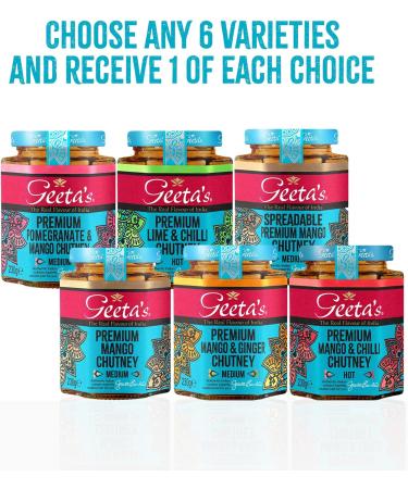 Geeta's Premium Chutney 230g Custom Case (Pack of 6) | Choose Any Flavour Receive 1 of Each Choice | Mango Chilli Lime Onion Pomegranate Ginger | No Artificial Flavours or Colours - Buy Online on SooperMarket.com