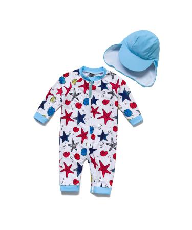 BONVERANO Baby Boys Swimsuit Toddler Bathing Suit Full-Length Zipper One Piece Swimwear with UPF 50+ Sun Protection 12 Months Starfish