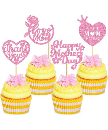 Cyodoos 24 Pcs Happy Mothers Day Cupcake Toppers Glitter Cake Toppers Cupcake Heart Mother Happy Birthday Party Supplies Decorations Pink - Buy Online on SooperMarket.com