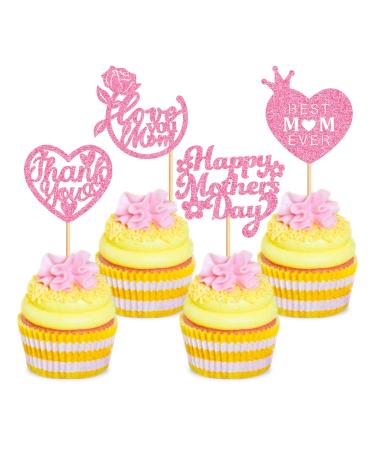 Cyodoos 24 Pcs Happy Mothers Day Cupcake Toppers Glitter Cake Toppers Cupcake Heart Mother Happy Birthday Party Supplies Decorations Pink