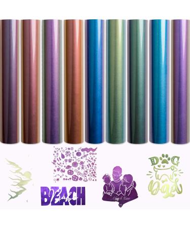HTV Chameleon Heat Transfer Vinyl Bundle 9 Packs 12x10 Iron On Vinyl for T-Shirt 9 Assorted Chameleon Gradient Change Color PU HTV Sheet DIY Design for T-Shirt Blue