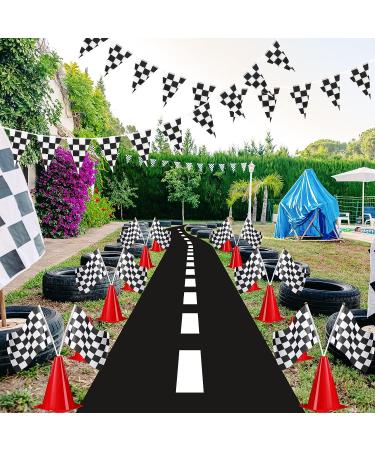 Skylety Traffic Cones and Racing Checkered Flags Set - 12 Cones, 12 Flags, Banner, and Racetrack Mat - Buy Online on SooperMarket.com