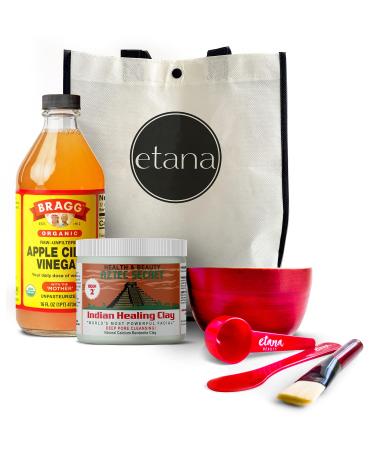 Aztec Clay Premium Mask Set by Etana Beauty  All-In-One Kit Includes 1lb Aztec Secret Indian Healing Clay, 16oz Bragg's Apple Cider Vinegar, Natural Bamboo Bowl, Stir, Scoop, Brush & Tote