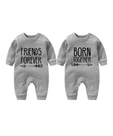 culbutomind Baby Twins Bodysuit Born Together Friends Forever Newborn Baby Unisex Romper Cute Outfit With Hat Set grey BF 6-9 Months