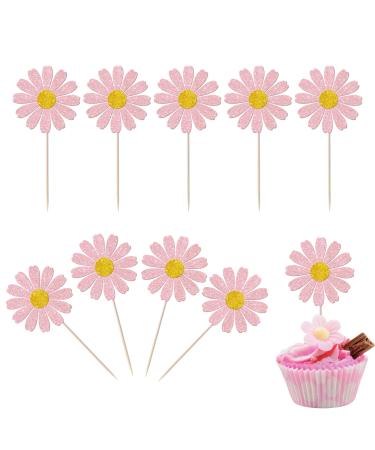 Rsstarxi 24 Pack Daisy Cupcake Toppers Baby Shower Birthday Chrysanthemum Party Cupcake Picks for Daisy Flower Theme Spring Birthday Wedding Party Cake Decorations Pink Design 1 Pink