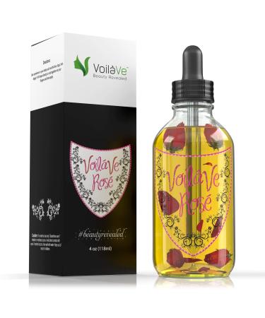 VoilaVe Organic Rose Multi-Use Oil Moisturizer for Face Body Hair - Vitamin E Sweet Almond Oil Blend - Dry Skin Scalp Nail Care - Infused with Rose Petals & Bergamot Essential Oil - 4 Fl Oz