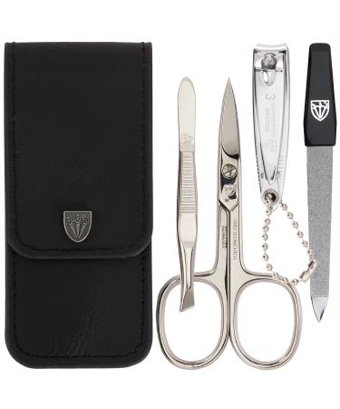 Three swords - 4 pcs.Nail care set 'Capri' |High quality nailetui for manicure and pedicure.Color: real leather black |Contents: nail scissors nail clippers tweezers sapphire nail file real leather