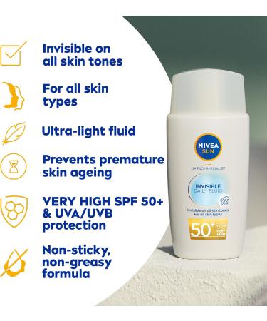 NIVEA SUN UV Face Invisible Daily Fluid SPF50+ (40ml) Face Sunscreen with Niacinamide 8H Matte Effect SPF50 Face Moisturiser Invisible On All Skin Tones - Buy Online on SooperMarket.com