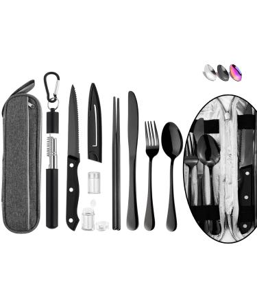 Portable Travel Reusable Utensils Silverware with Case Travel Camping Cutlery set Chopsticks and Straw Flatware Stainless steel Travel Utensil set (Black) U