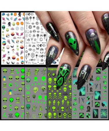 Alien Nail Art Stickers Decals 3D Astronaut Space Alien UFO Rocket Earth Moon Star Nail Transfer Decal Luminous Alien Nail Self-Adhesive Sticker Designs for Women Girls Manicure Tips Decorations