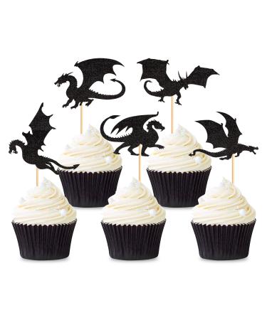25PCS Dragon Cupcake Toppers Glitter Fantasy Birthday Cupcake Flying Dragon Cupcake Toppers Theme Baby Shower Kids Birthday Party Cake Decorations Supplies Black