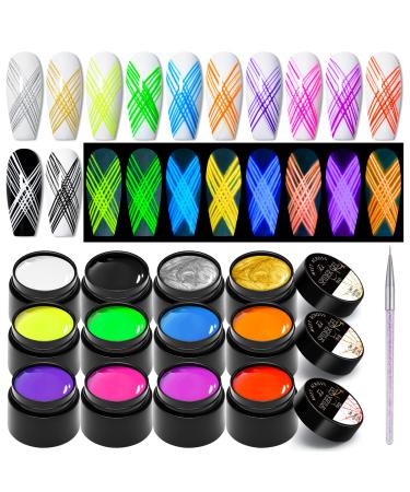 12 Colors Luminous Spider Gel  Glow In The Dark Spider Gel for Nail Art  Elastic Wire Drawing Gel for Line with Brush  Soak off UV LED Drawing Gel Nail Art Design Gel with Neon Fluorescent Effect