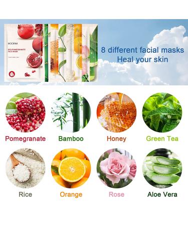 Hydrating Face Sheet Mask 8 Pack with Green Tea, Aloe Vera, Pomegranate - Anti Aging and Moisturizing Skin Care Gift Set - Buy Online on SooperMarket.com