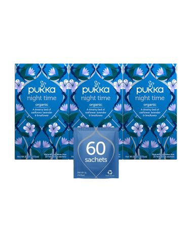 Pukka Organic Tea Bags, Night Time Herbal Tea with Chamomile, Lavendar & Valerian, Perfect for Easing into a Soothing Sleep, 20 Count (Pack of 3) 60 Tea Bags Night Time 60 Tea Bags