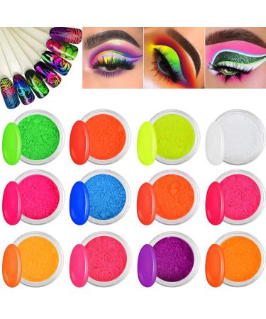 Kalolary 12 Colors Pigment Nail Powder Fluorescent Powder, Color Nail Pigments Dust Nail Glitter, Neon Pigment Eyeshadow Powder for Halloween Christmas Face Body Makeup Nail Art Decoration