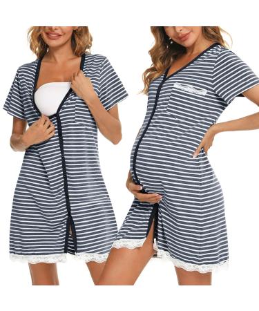 Uniexcosm Maternity Nursing Nightdress Women's Short Sleeve Nightwear Soft Button Down Nightgown Stripe Sleepwear Maternity Pyjamas Nightshirt Navy Blue XXL