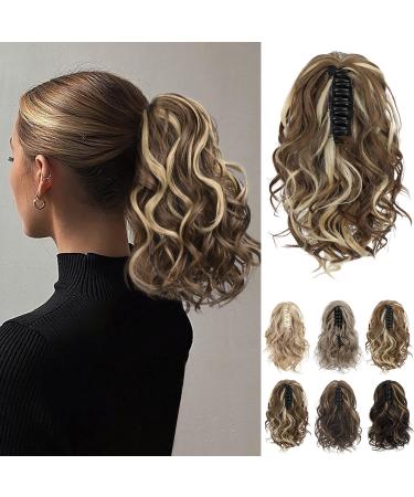 REECHO Ponytail Extension Claw Clip in Ponytail Hair Extensions 10 Inch Short Curly Ponytail Natural Wavy Synthetic Hairpiece for Women Light Brown with Highlights 10 Inch Light Brown with Highlights