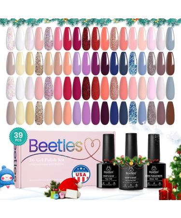 beetles Gel Polish Nail Set 36 Colors Lingering Grace Collection Pink Red Purple Girly Elegant Sparkle Glitter All Seasons Diy Manicure Kit with 3Pcs Base Top Coat