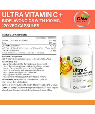 GNA Naturals Ultra Vitamin C 600mg + Bioflavonoids with Quercetin Dihydrate - Vitamin C Ascorbate Acid 120 V-Caps 4 Month Supply - Promotes Healthy Bones Gums & Teeth - Vitamin C Complex Supplement - Buy Online on SooperMarket.com