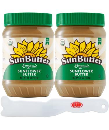 SunButter Creamy Organic Sunflower Seed Butter, 16 Ounce Plastic Jar (Pack 2) - with Exclusive By The Cup Sandwich Spreader