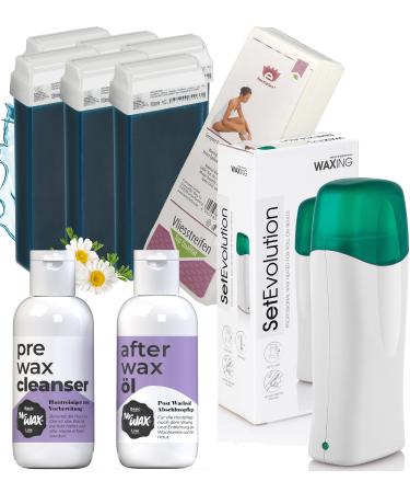 Kosmetex Waxing Set Azulen for Hair removal 6x waxing cartridges kit roll on wax warmer waxing device fleece stripes Mr. Wax skin cleaner after wax oil each 150ml