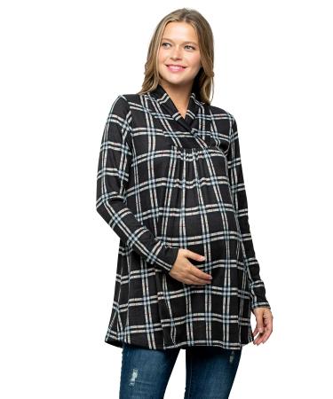 My Bump Maternity Knit Sweater - High Neck Shawl Collar Long Sleeves Tunic Pullover Top (Made in USA) S Grey/Blk Lbak