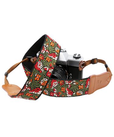 Camera Strap for All DSLR / SLR Cameras,Double Layer Cowhide Ends,2"Wide Pure Cotton Embroidered Woven Camera Strap,Adjustable Universal Neck & Shoulder Strap,Gift for Photographers(Green Flower) B# - Green Flower 2 inch Wide / Adjustable 3261 inch