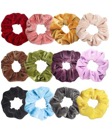 OWill 12 Pcs Velvet Scrunchies for Hair Elastics Hair Bands Thick Scrunchy Hair Bands Ties Ponytail Holders Set for Women Girls Thick Hair 1 count (Pack of 1) Multi