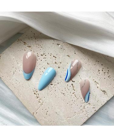Blue Almond Shape Press on Nails with Wave Designs | Medium Length French False Nails for Women - Buy Online on SooperMarket.com