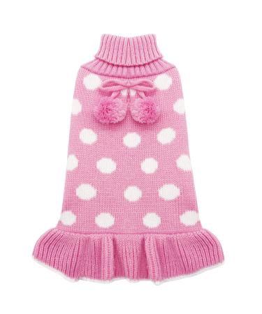 KYEESE Dog Sweater Dress Polka Dot Dog Sweater Pink with Leash Hole Knit Warm Dog Clothes with Pom Pom Ball for Fall Winter Small (Pack of 1) 3# Polkadot (Pink)